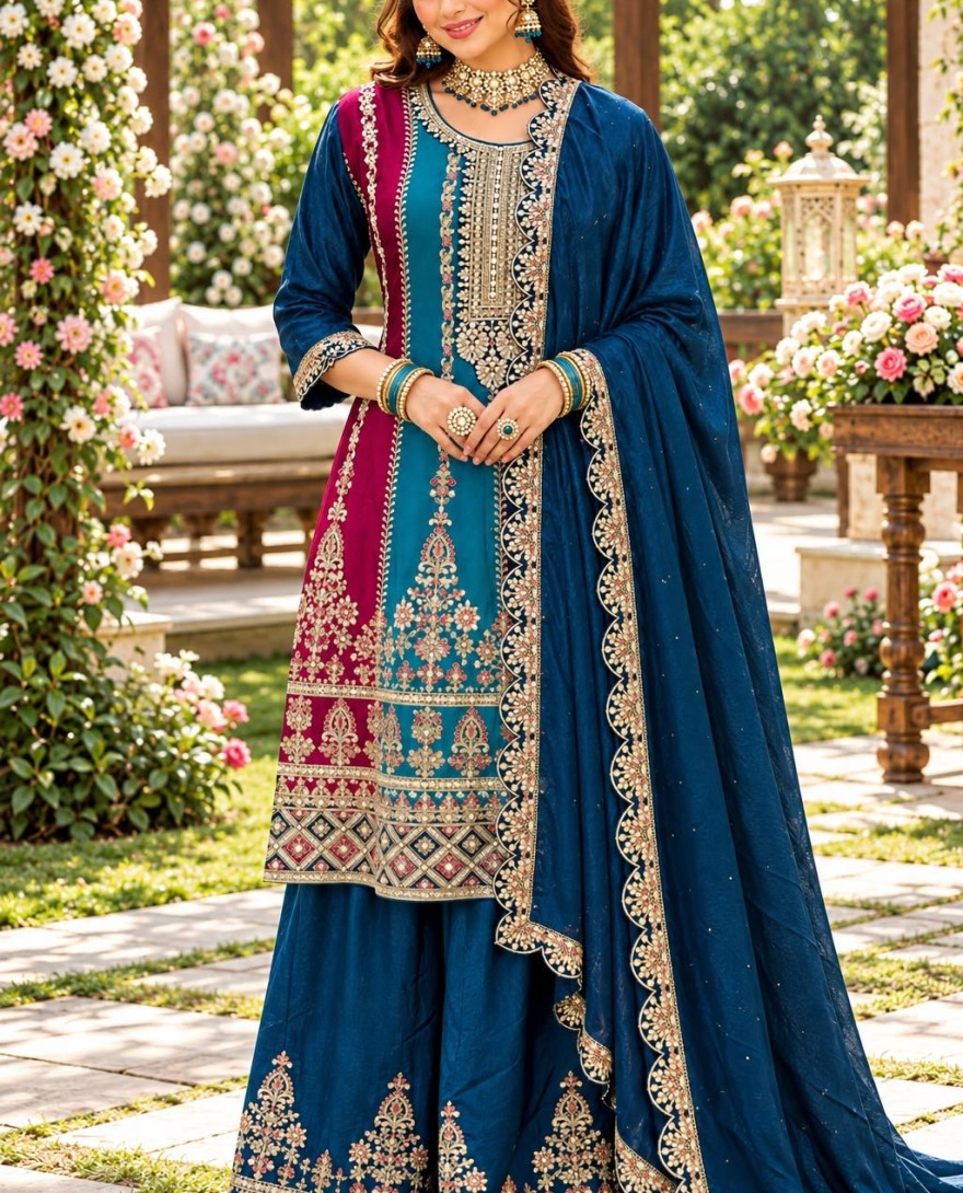 2204 - Multi Colour Chinon Embroidered, Sequins and Zari Work Ceremonial Salwar Suit